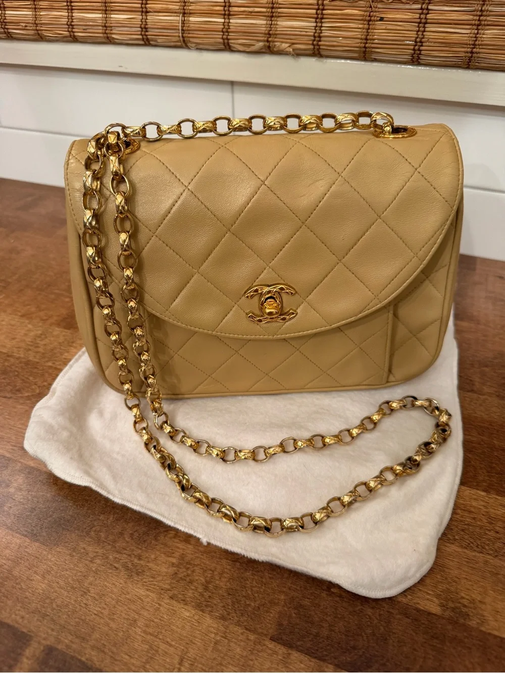 CHANEL Quilted Shoulder Bag in Tan with Gold Hardware
